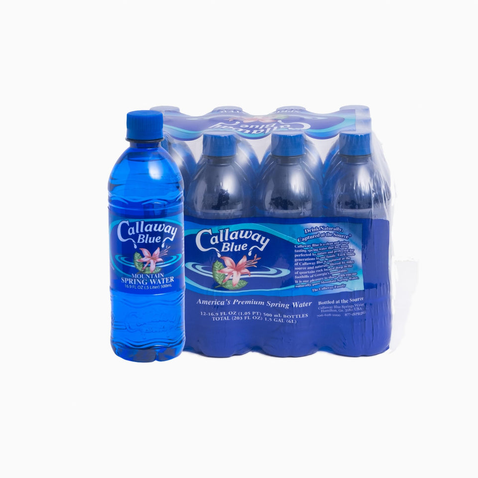 Callaway Blue Mountain Springwater bottle on shelf for daily hydration.