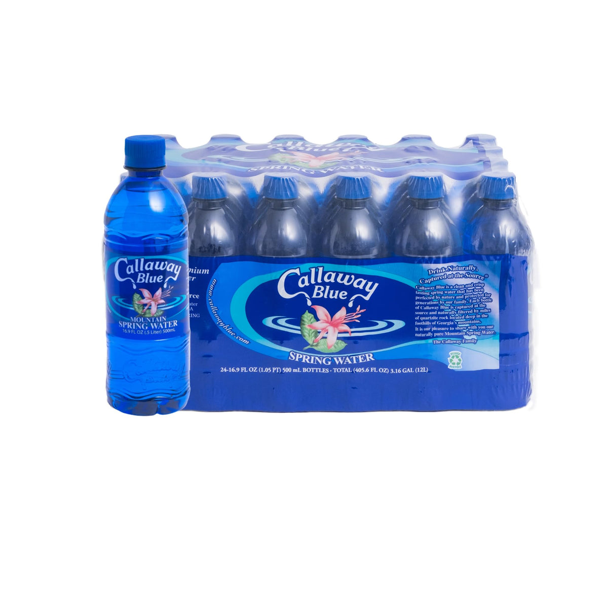 Callaway Blue Mountain Springwater bottle showing natural source purity for daily hydration