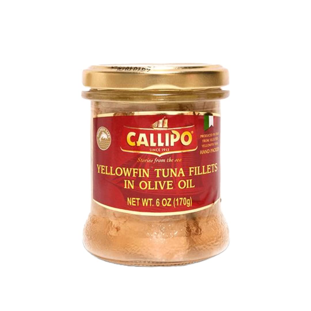 Callipo solid light tuna in olive oil in a glass jar for quick, flavorful meals.
