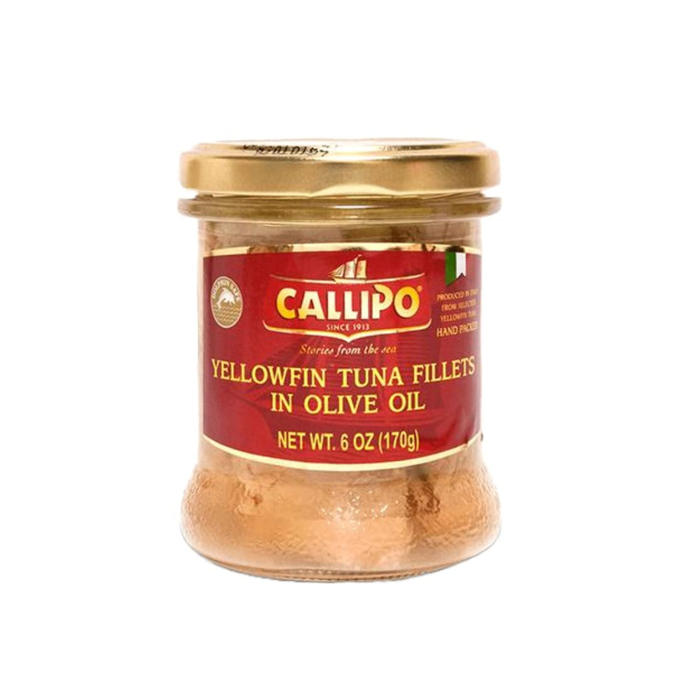 Callipo solid light tuna in olive oil in a glass jar for quick, flavorful meals.
