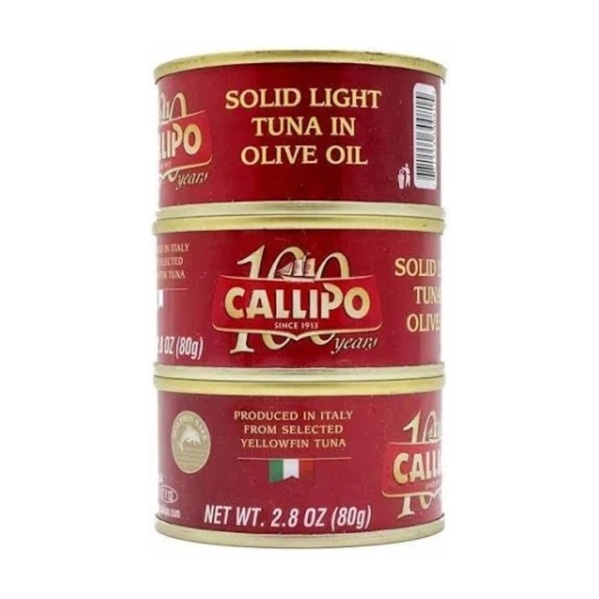 Callipo tuna in olive oil 2.8 oz can label close-up highlighting premium quality