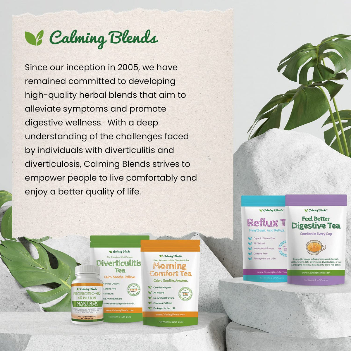 A warm cup releases a comforting aroma from Calming Blends Diverticulitis Tea.