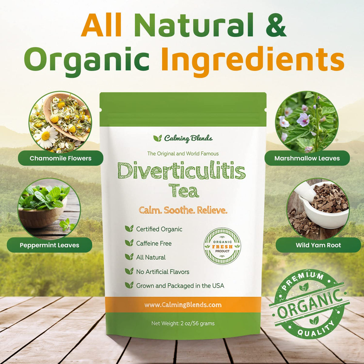 Calming Blends Diverticulitis Tea chamomile peppermint blend creates a relaxing moment.