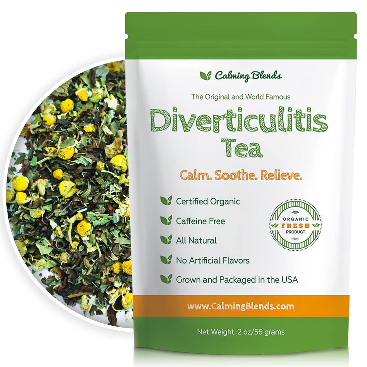 Calming Blends Diverticulitis Tea loose-leaf pouch preserves freshness for daily calm.