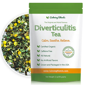 Calming Blends Diverticulitis Tea loose-leaf pouch preserves freshness for daily calm.