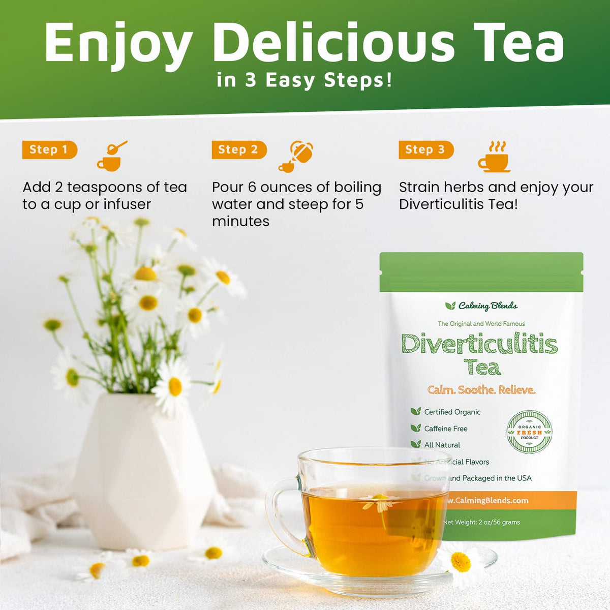 The resealable pouch keeps Calming Blends Diverticulitis Tea fresh longer.