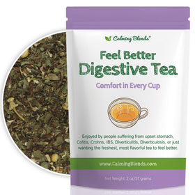 Calming Blends Feel Better Digestive Tea in a resealable pouch for freshness
