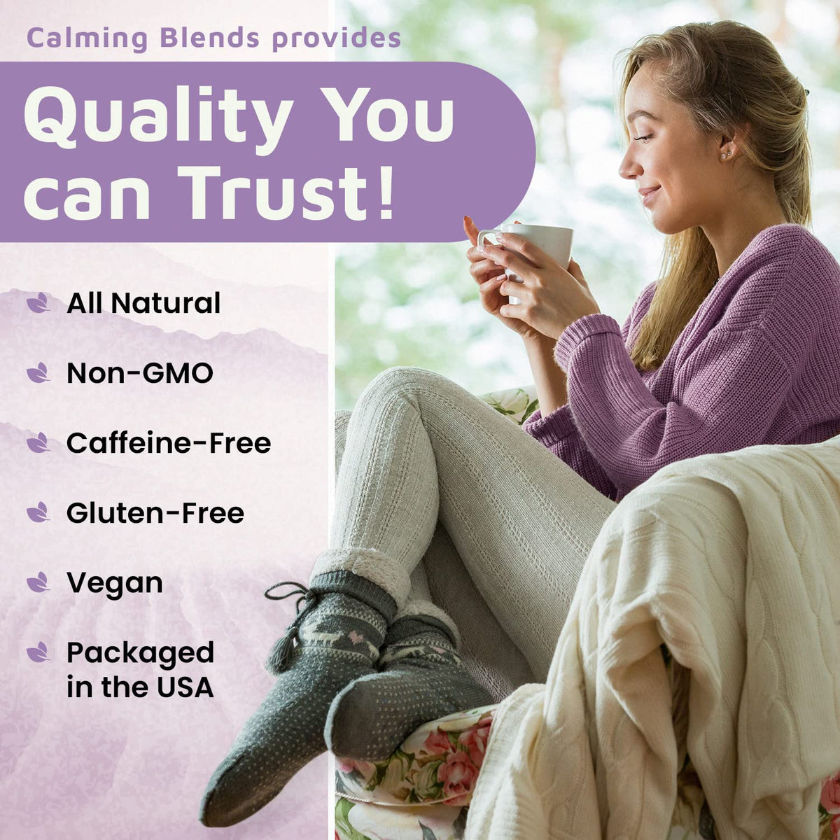 Calming Blends organic herbal tea with chamomile and peppermint for soothing evenings