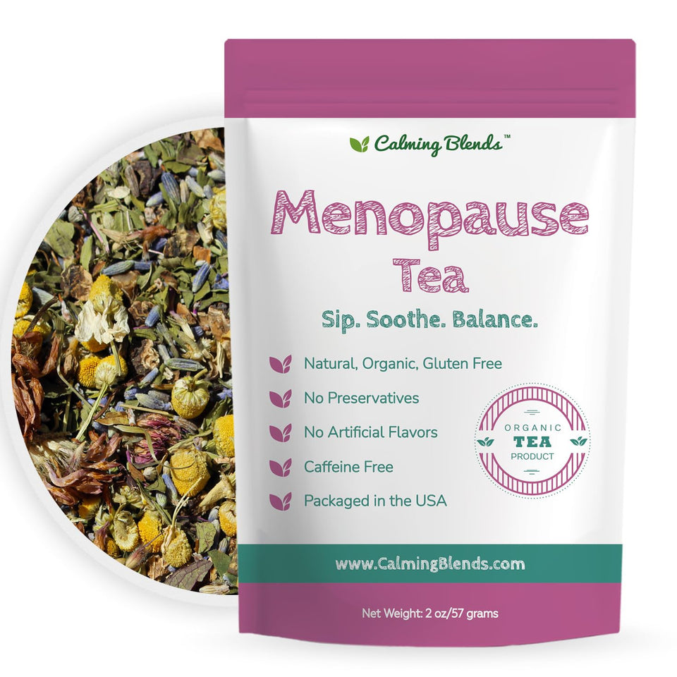 Calming Blends Menopause Tea packaging showing organic, caffeine-free herbal blend