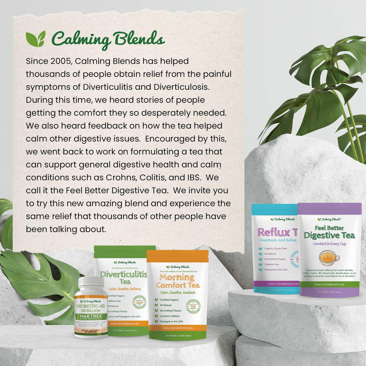 Calming Blends resealable tea pouch preserves freshness between brews