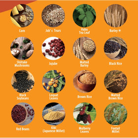 CALPICO Juroku Cha ingredient blend, featuring 16 grains and botanicals for balanced flavor.