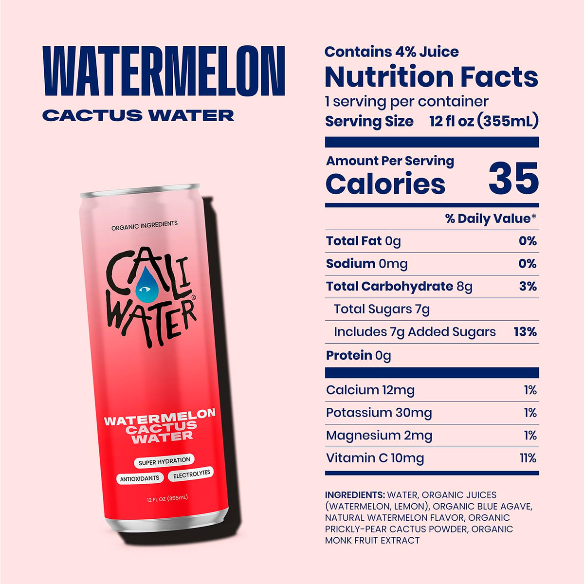 CALIWATER nutrition panel notes 7g sugar and 35 calories per bottle.