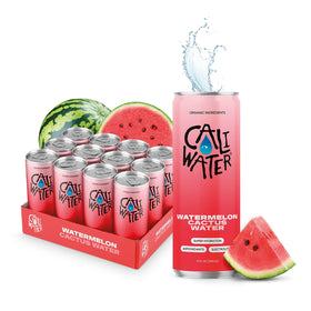 CALIWATER Watermelon Cactus Water 12-pack front view for refreshing hydration with plant based electrolytes.
