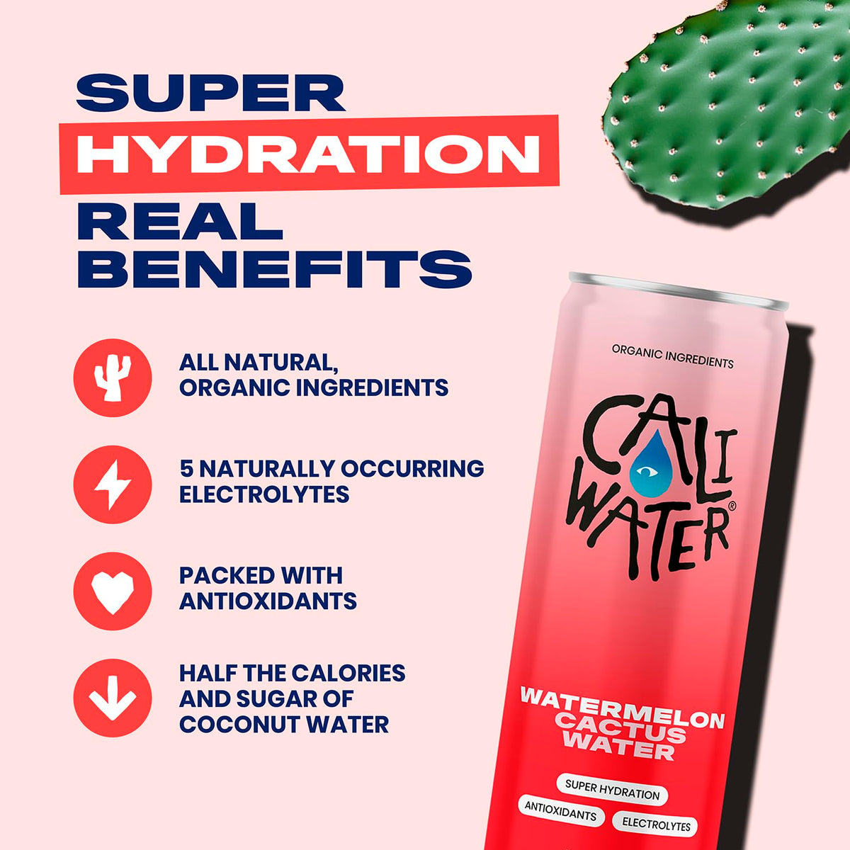 CALIWATER bottle close up highlighting natural watermelon cactus flavor and crisp finish.