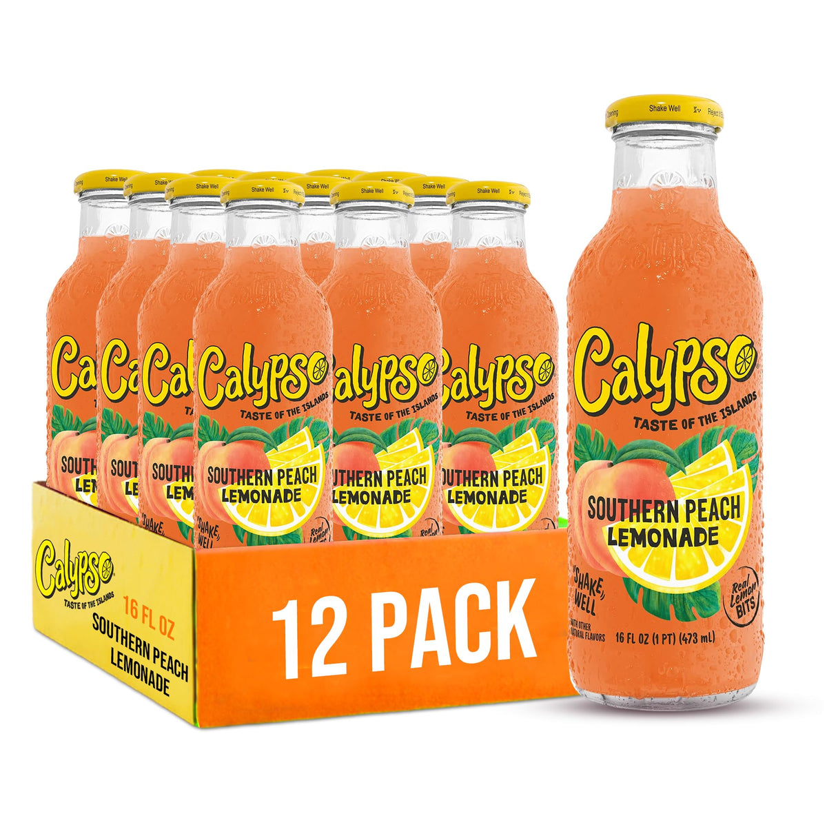 Calypso Southern Peach Lemonade bottle pour showing real fruit flavor.