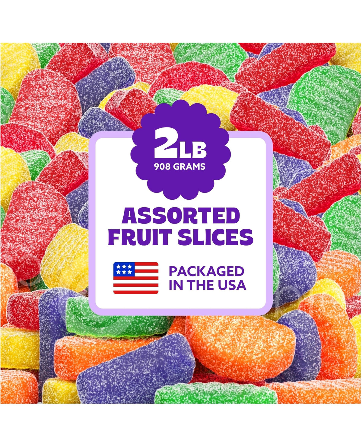 Cambie fruit slices candy front view in bulk packaging for party buffets