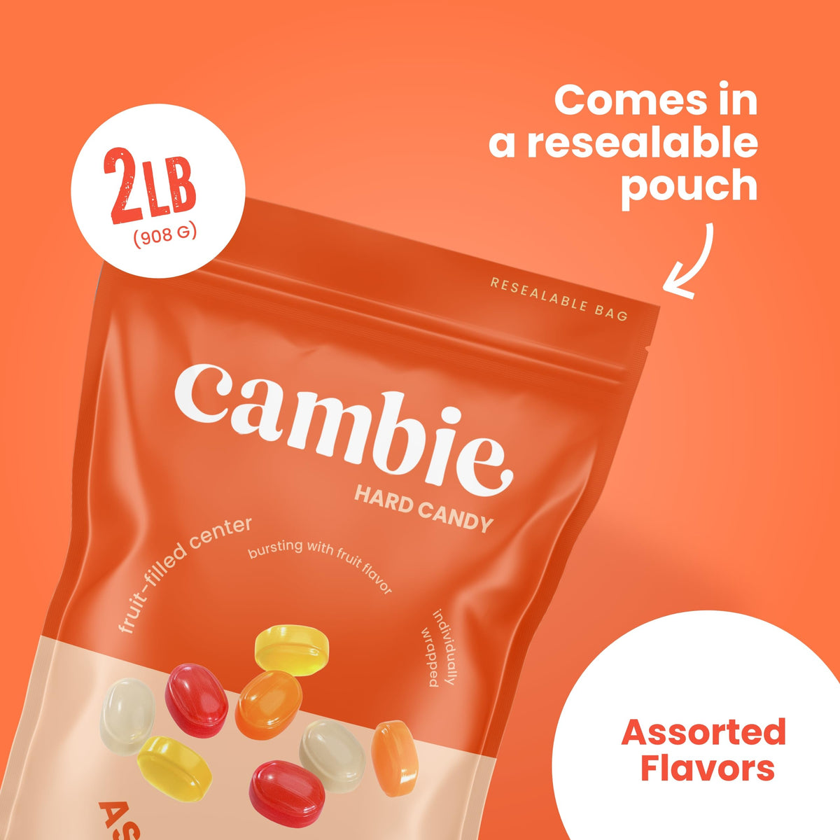 Cambie hard shell candy with soft center delivers crunch and chewy filling