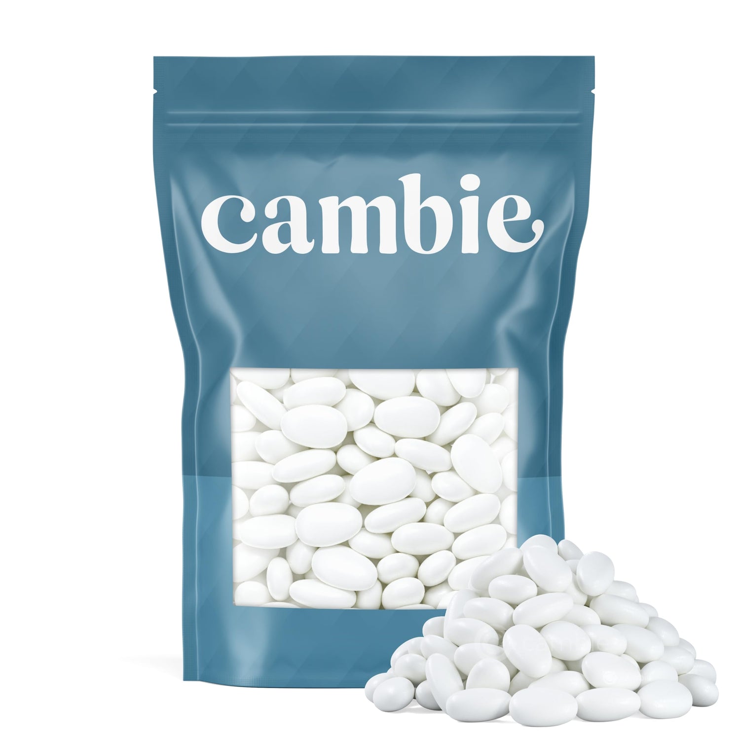 Cambie Jordan almonds with bright white candy coating, ideal for elegant wedding displays.