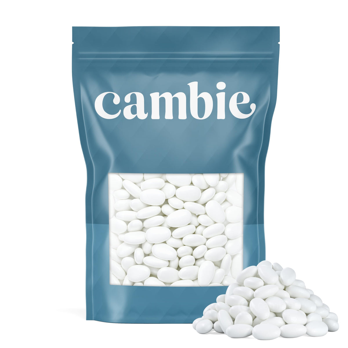 Cambie Jordan Almonds in a bright white candy shell for elegant display.