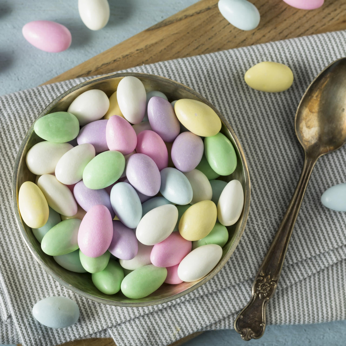 Cambie Jordan almonds buffet display adding color to dessert tables