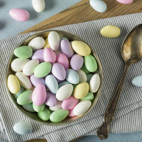 Cambie Jordan almonds buffet display adding color to dessert tables