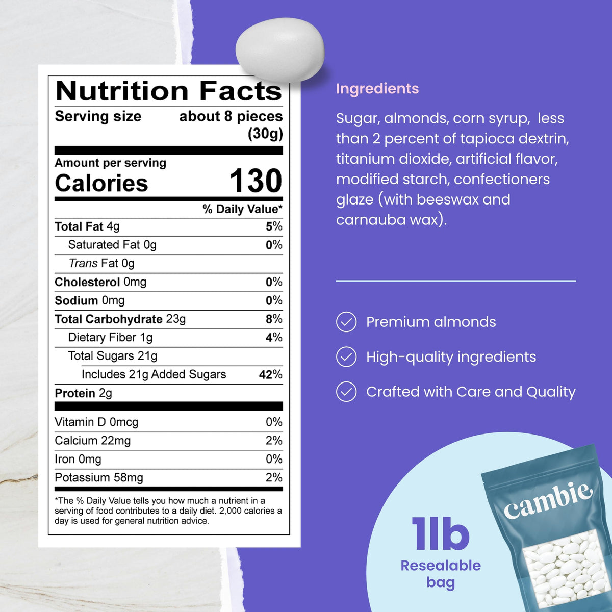Cambie Jordan almonds made with USA-grown almonds and a premium candy shell.