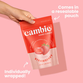 Cambie strawberry candy stored in pantry-ready bulk snack.