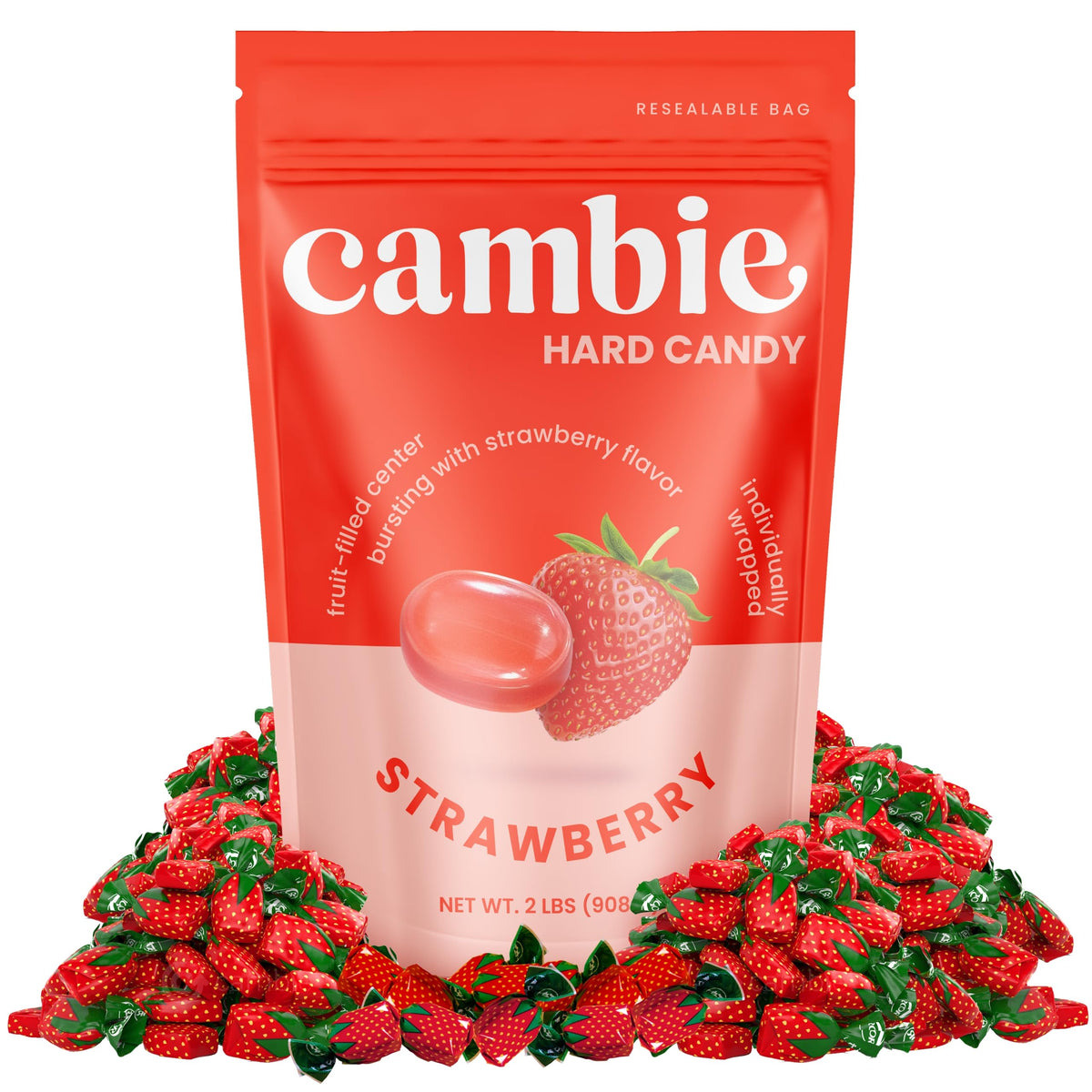 Cambie strawberry hard candy wrapped piece ideal for on-the-go treats.