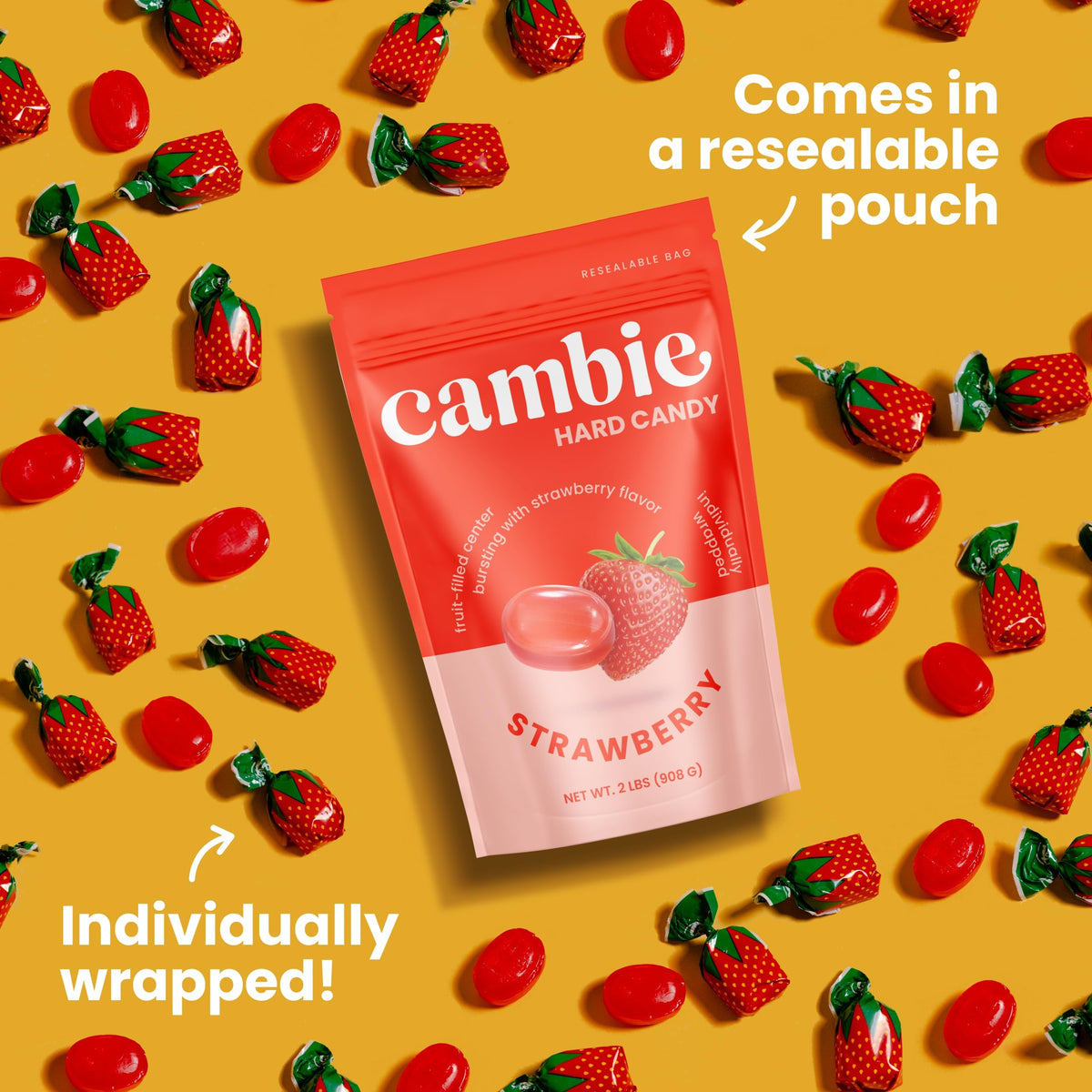 Close-up of Cambie candy wrappers preserving freshness.