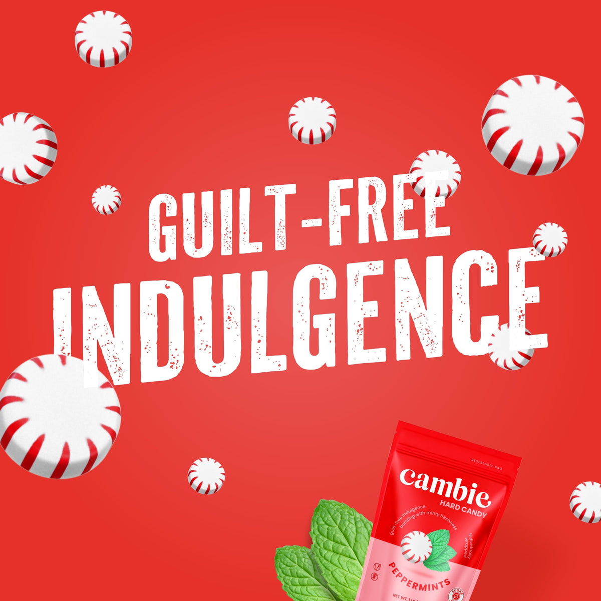Cambie sugar-free peppermint wrapped on desk for quick, low-sugar snack