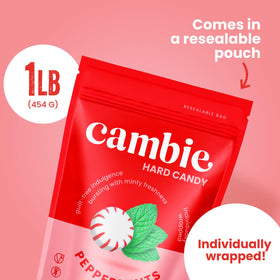 Cambie sugar-free peppermint on kitchen counter suggests a low-sugar indulgent break