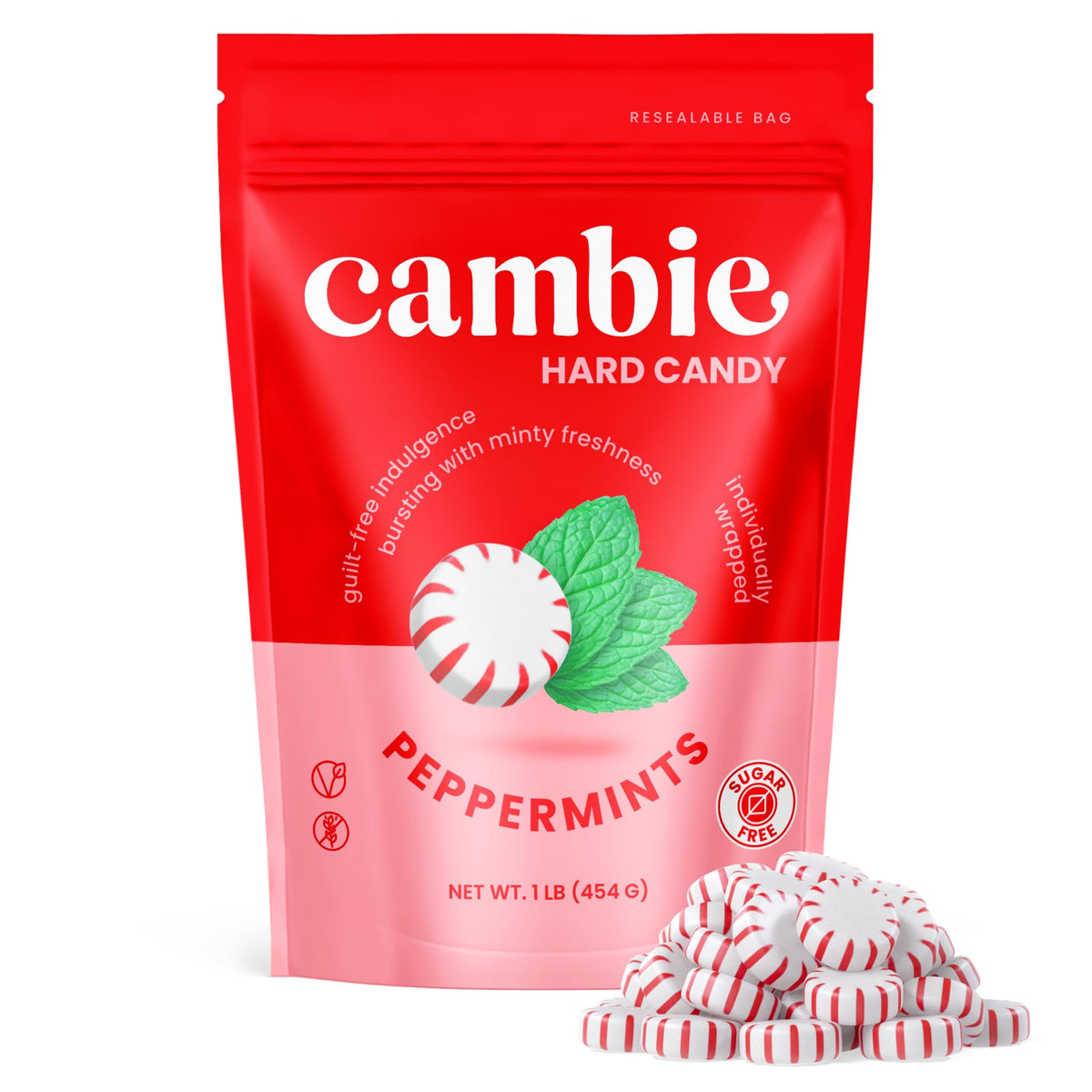 Cambie sugar-free candies peppermint packaging highlights zero sugar option for on-the-go snacking