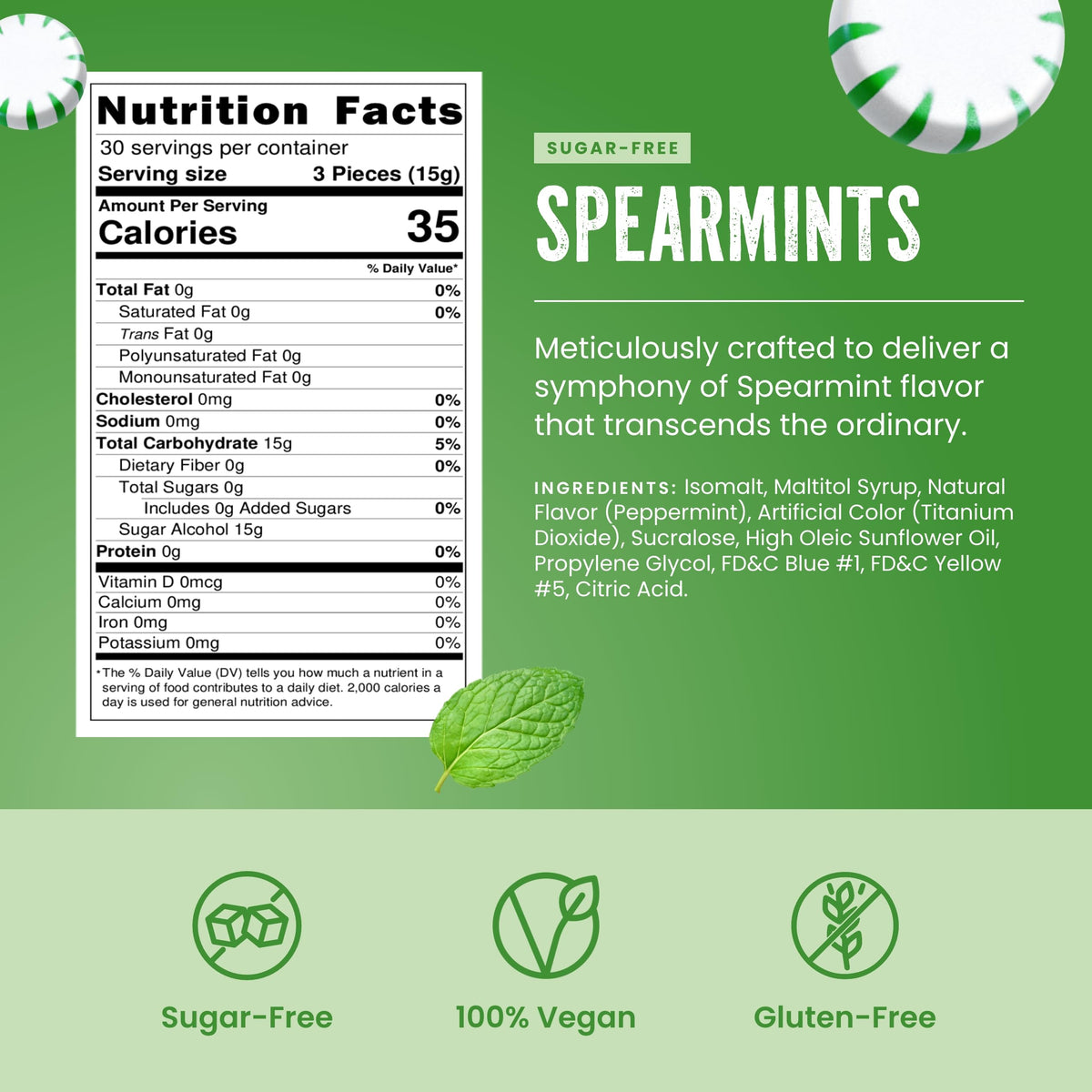 Cambie sugar-free hard candy spearmint 1lb bag displayed on a kitchen counter.
