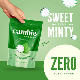 Cambie sugar-free hard candy spearmint close-up shows crisp mint crystals.