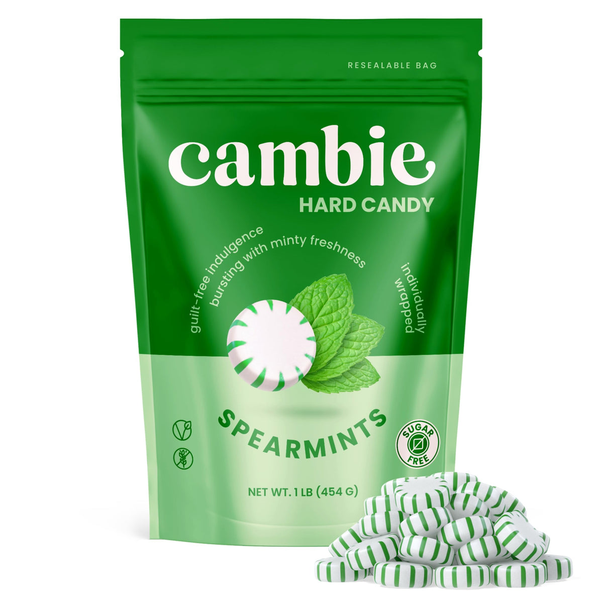 Cambie sugar-free hard candy spearmint individually wrapped pieces for easy portion control.