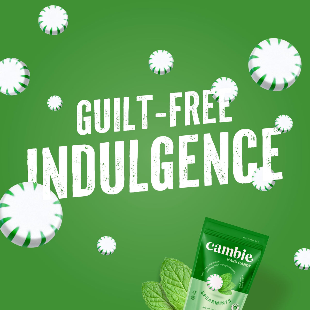 Cambie sugar-free hard candy spearmint refreshing mint essence shown in display.