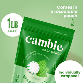 Cambie sugar-free hard candy spearmint on the go snack in a pocket.