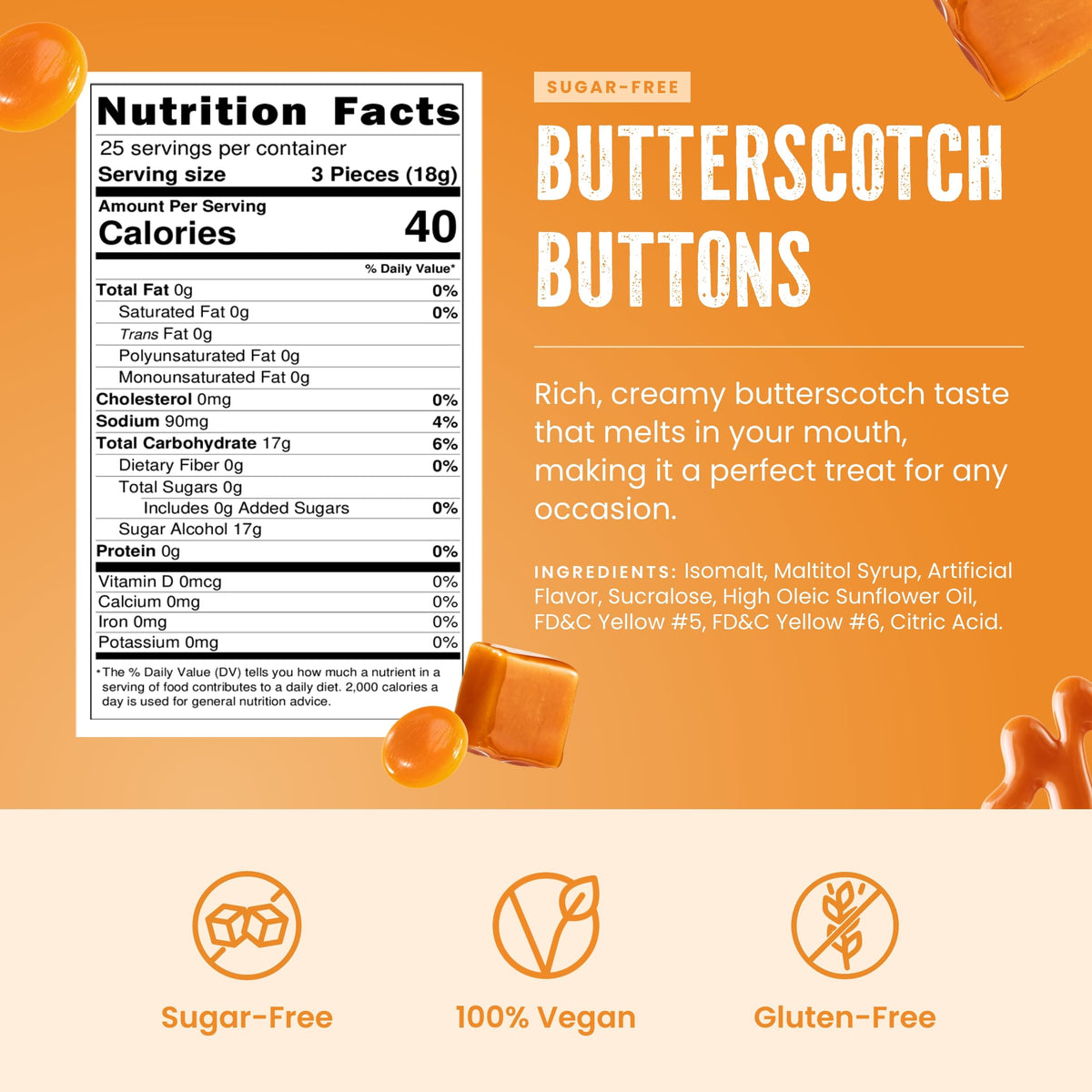 Cambie sugar-free butterscotch hard candy individually wrapped for freshness and convenient on-the-go snacking