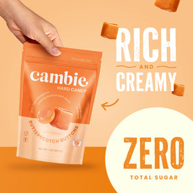 Cambie sugar-free butterscotch hard candy on office desk as a quick treat