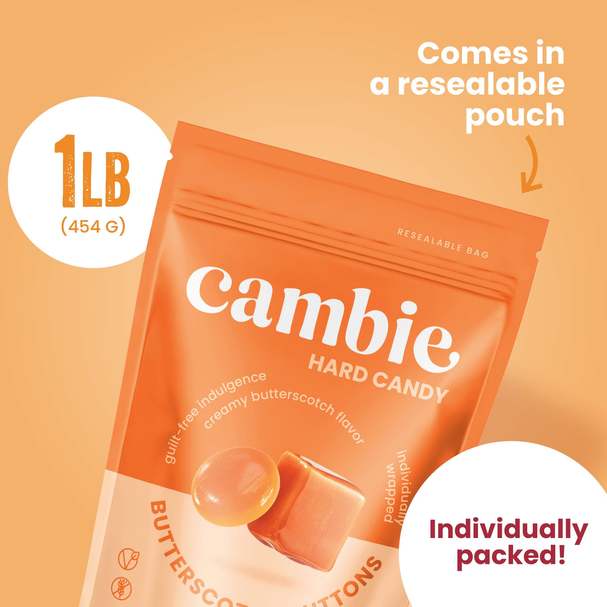 Cambie sugar-free butterscotch hard candy travel-friendly packaging for easy snacking anywhere