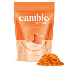 Cambie sugar-free butterscotch hard candy unwrapped, revealing rich butter flavor for immediate enjoyment
