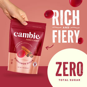 Cambie sugar free cinnamon hard candy on plate, perfect for sharing at gatherings.