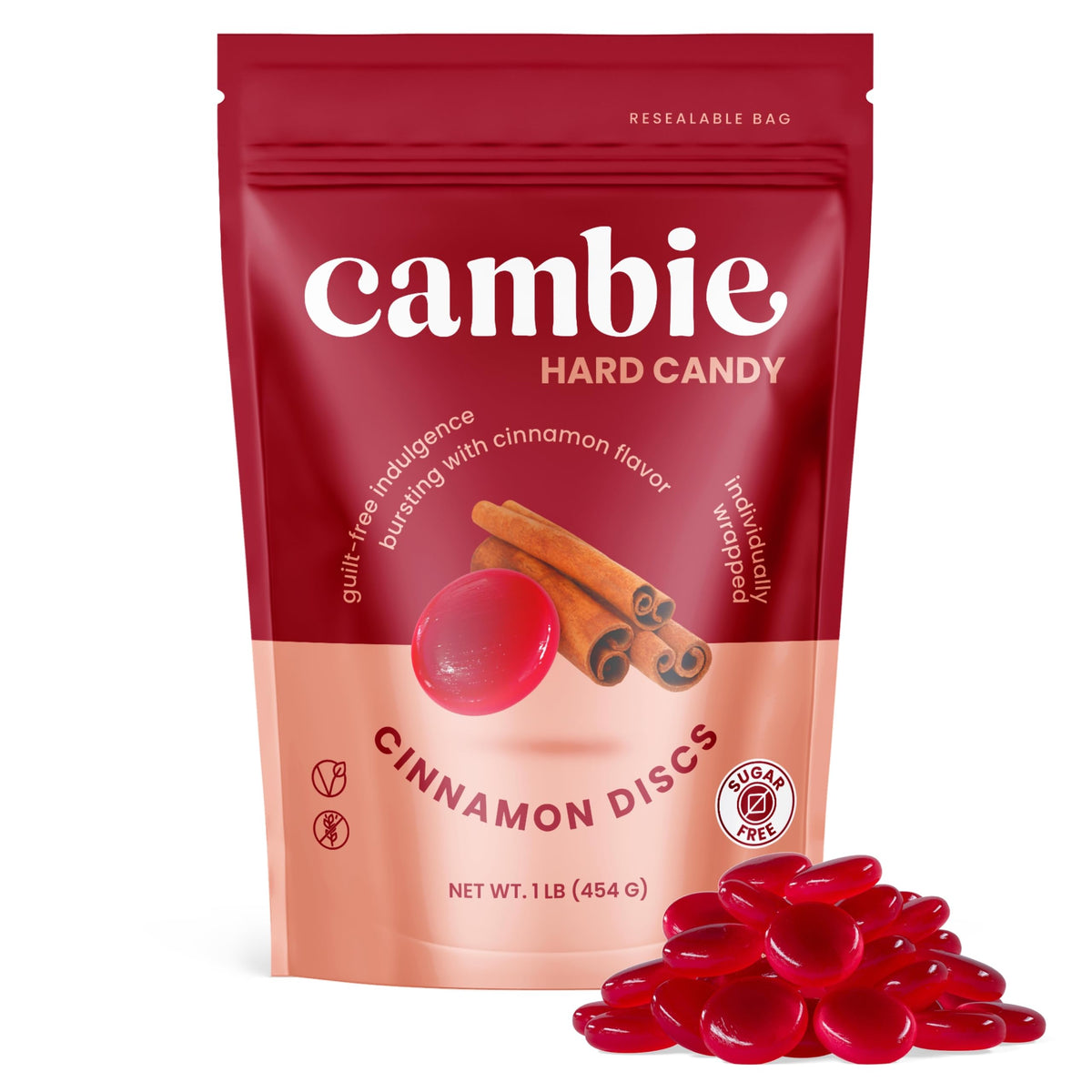 Cambie sugar free cinnamon hard candy wrapper close-up, intense aroma and bold cinnamon profile.