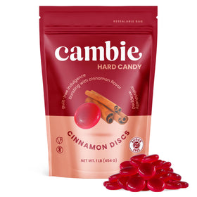Cambie sugar free cinnamon hard candy wrapper close-up, intense aroma and bold cinnamon profile.