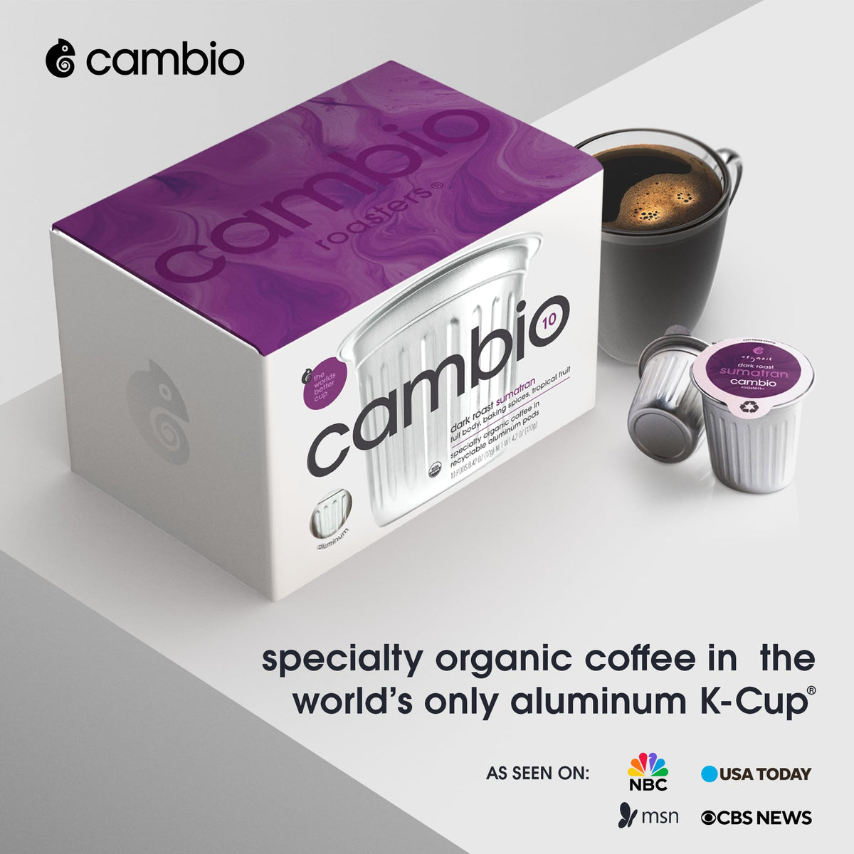 Closeup of Cambio Roasters aluminum recyclable coffee pods showcasing eco-friendly packaging and freshness