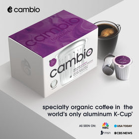 Closeup of Cambio Roasters aluminum recyclable coffee pods showcasing eco-friendly packaging and freshness