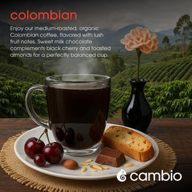 Cambio Roasters Colombian medium roast pod showing vibrant chocolate and cherry notes.