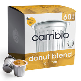 Cambio Roasters donut blend pods pack showing organic, recyclable aluminum design for sustainability.