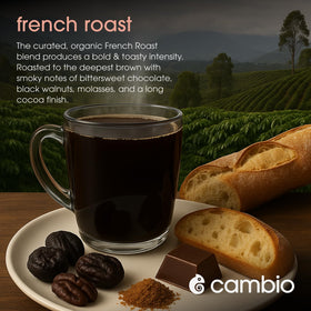 Cup of coffee brewed from Cambio Roasters French Dark Roast organic pod, bold and smooth