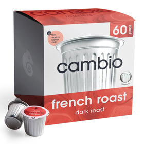 Cambio Roasters French Dark Roast organic pod packaging highlights recyclable aluminum and freshness